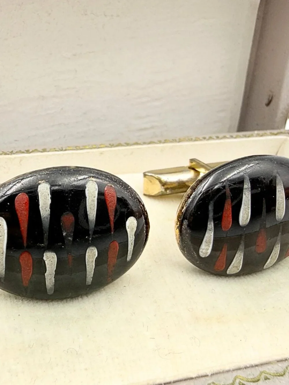 Victoria Flemming Signed Abstract Porcelain Black Red Enamel MCM Cufflinks